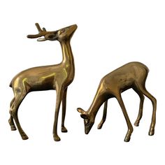 two bronze deer statues standing next to each other on top of a white background,