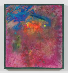 an abstract painting with pink, blue and yellow colors