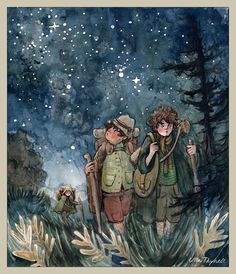 two children are walking through the woods at night with stars in the sky above them