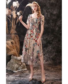 Buy tea length special floral embroidery prom dress with short sleeves at wholesale price online. High quality custom-made service pro since 2009. Tea Length Prom Dress, Flower Midi Dress, Embroidery Tulle, Tea Length Skirt, Short Homecoming Dresses, Wedding Classy, Classy Dresses, Sleeve Embroidery, Dress With Short Sleeves