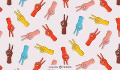 many different colored hand gestures on a white background with red, yellow and blue colors