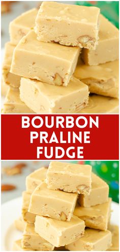 three different views of some kind of fudge with the words bourbon pralie fudge