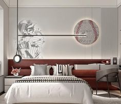 a baseball themed bedroom is shown in white and red colors, with an abstract artwork on the wall