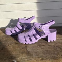 Cute Pastel Purple Heeled Fisherman Rubber Jelly Sandals Women’s Size 7 Brand New, Perfect Condition, Never Got Around To Wearing Them! Casual Jelly Sandals With Block Heel For Spring, Spring Casual Jelly Sandals With Block Heel, Summer Purple Open Heel Sandals, Purple Sandals With Buckle Closure For Spring, Purple Closed Toe Heels For Summer, Purple Closed Toe Sandals For Vacation, Purple Closed Toe Sandals For Summer, Purple Round Toe Heels For Summer, Purple Synthetic Jelly Sandals For Summer