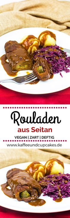 two white plates with food on them and the words rouladen aus seltan