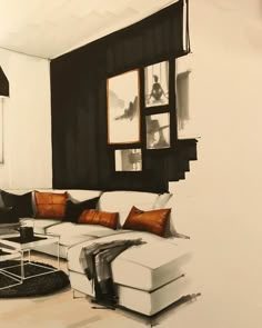 a drawing of a living room with black and white walls, couches and pictures on the wall