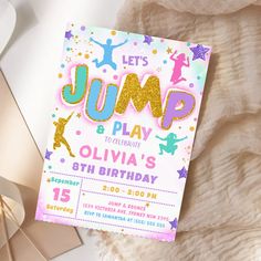 this is a birthday card for a child's party with the words jump and play on it