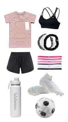 the contents of a woman's outfit including shoes, water bottle and sports bra