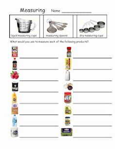 measuring cups and measuring spoons worksheet for students to practice measuring the measurements