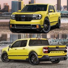 two pictures of the front and rear sides of a yellow truck with city skyline in background