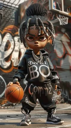 a doll with dreadlocks holding a basketball in front of graffiti covered walls and buildings