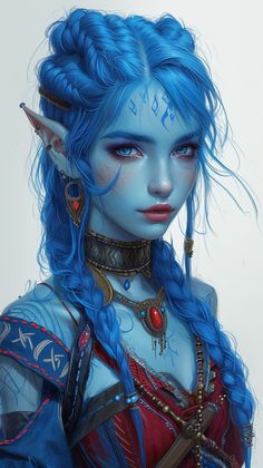 a woman with blue hair is dressed in costume