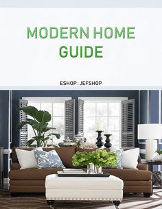 a living room with blue walls and white furniture in front of the words modern home guide