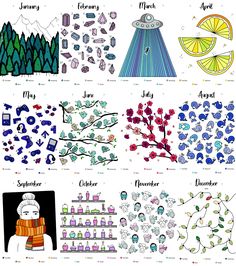 an image of different things that are drawn on paper and colored in the same color