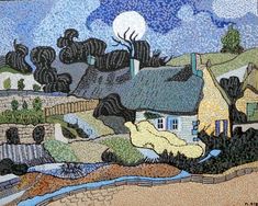 a mosaic painting with houses and trees in the background