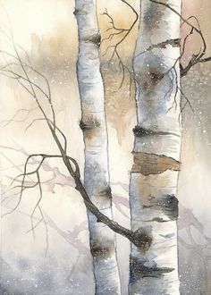 watercolor painting of two birch trees in the snow