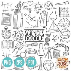 the science doodle is shown in black and white, with different items on it