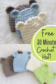 three crocheted hats with the words free 30 minute crochet hat on them