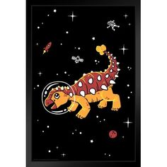 an orange and black dinosaur in space with stars on it's back, flying through the