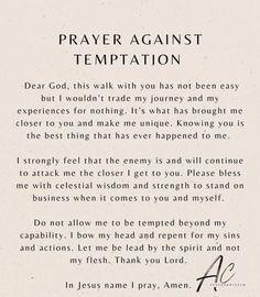 a poem written in black and white with the words prayer against temptation on it