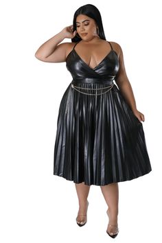 Final Sale Plus Size Faux Leather Faux Wrap Spaghetti Strap Pleated Dr – Chic And Curvy Wet Look Dress, White Floral Midi Dress, Chic And Curvy, Midi Dress Formal, Surplice Neckline, Womens Floral Dress, Chain Belt, Lace Crop Tops, Curvy Girl Fashion