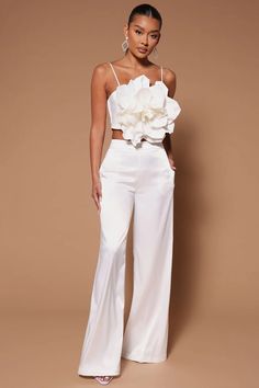 Rosalia Flower Pant Set - White | Fashion Nova, Luxe | Fashion Nova White Party Outfit, Crop Top Pants Set, Flower Pants, Tulle Mini Dress, Yellow Crop Top, Fashion Nova Pants, Top Pants Set, Looks Chic, Luxe Fashion