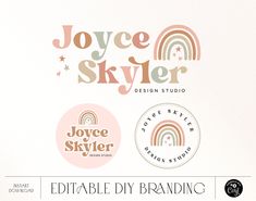 the logo for joyce skyler is shown in three different colors and font styles, including rainbows