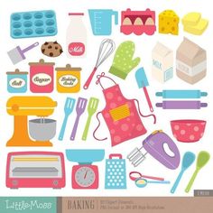 an assortment of kitchen utensils and baking supplies