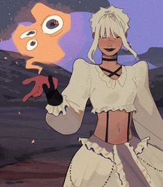 a woman with white hair and an eyeball is standing in front of a cartoon character