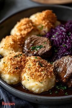 a plate full of meat, potatoes and red cabbage