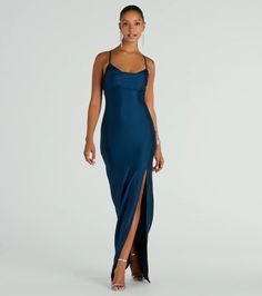 When it comes to looking elegant, the Natalie formal dress is at the top of the list for bridesmaids, wedding guests, or party guests! Made with smooth knit fabric for ultimate comfort, this dress boasts a flattering cowl neckline and spaghetti straps, a lace-up back, padded bra cups, and slim silhouette that highlight your curves. The high front slit and floor-length hem add a touch of drama, perfect for any formal occasion. Complete the look in rhinestone earrings and a clutch!Fit & Featur Graduation Dresses White, Short Graduation Dresses, Dress Satin Bridesmaid, Knit Dress Pattern, Vintage Boho Dress, Red Bridesmaid Dresses, Black Bridesmaid Dresses, Green Prom Dress, Satin Prom Dress