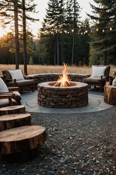 an outdoor fire pit surrounded by wooden benches