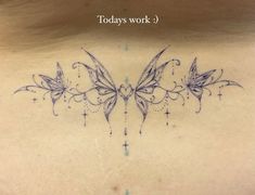 Edgy Fine Line Tattoos, Celestial Lower Back Tattoo, Angel Wing Fine Line Tattoo, Bow Lower Back Tattoo, Horizontal Tattoo Design, Tramp Tattoos Lower Backs, Tramp Stand Tattoo, Fairy Tattoo Aesthetic, Hippie Back Tattoo