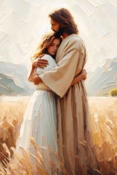 a painting of two people hugging in a field