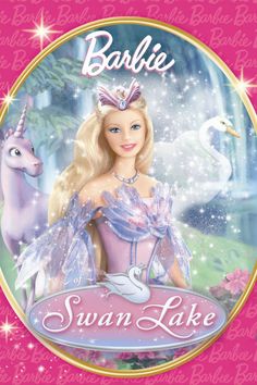 barbie the swan lake doll is shown in front of a pink background with an image of a