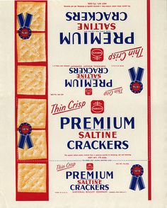 an advertisement for saltine crackers from the 1950's is shown in red, white and blue