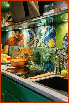 a kitchen with colorful tiles on the backsplash and green cabinets in front of it