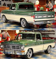 two pictures of an old green and white truck