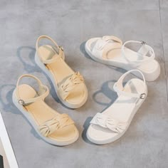 Category: Casual Sandals Age Range: Adult Upper Material: PU Sole material: Beef Tendon Style: Leisure Toe Shape: Round Head Fashion Element: Buckle Wearing Style: Buckle Pattern: Solid Color Sole Craft: Viscose Shoes Upper height: Low Top Color: White, Yellow Heel Height: Middle Heel (3-5cm) Heel Shape: Flat Heel White Shoes Sandal, Elegant Shoes Heels, Trendy Slippers, How To Tie Shoes, Casual Sandals Womens, Pretty Sandals, Fashion Shoes Heels, Shoes Heels Classy