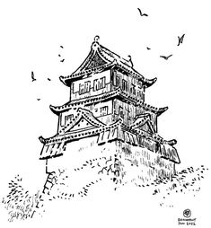 a black and white drawing of a building on top of a hill with birds flying around