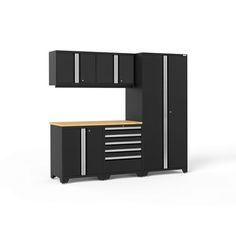 a black cabinet with two drawers and one door on the side, in front of a white background