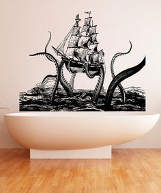 an octopus attacking a pirate ship wall decal