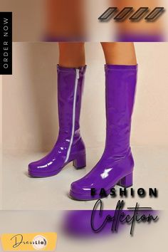 Autumn and Winter New Thick Heel Mid-heel Women's Boots Patent Leather High Boots Square Toe Boots White Side Zipper Pole Dance Boots Purple Patent Leather Boots, Purple Boots Tall, Fitted High Heel Mid-calf Boots In Pink, Ankle-high Patent Leather Boots With 4-inch Heel, Leather High Boots, Fitted Purple Ankle-high Boots, Dance Boots, Boots Square Toe, Boots White