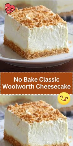 no bake classic woolworth cheesecake on a white plate with text overlay