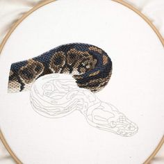 a close up of a snake on a white background in a cross stitched frame