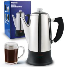 an electric coffee maker with a glass mug next to it