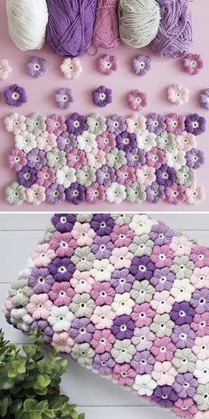 crocheted flowers and yarn are arranged on the floor next to each other in different colors