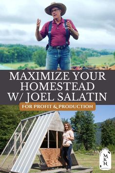 a man standing in front of a chicken coop with the words, minimize your homestead w