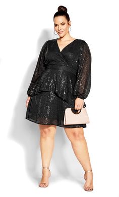 Our Jocelyn Dress is a dose of fun style that your wardrobe needs. Made with an all-over sequin fabrication, and featuring a plunging faux wrap V-neckline you'll turn heads in this design however you style it. Key Features Include: - Plunging faux wrap V-neckline - Long elasticated puff sleeves - Fit & flare silhouette - Flattering peplum waist - All-over sequin fabrication - Fully lined - Mini length Team with stilettos and statement jewelry for a striking look. | Plus Size Dress Jocelyn In Bla Affordable Formal Dresses, Plus Size Short Dresses, Plus Zise, Sun Dress Casual, Formal Occasion Dress, Plus Size Cocktail Dresses, Spotted Dress, Party Dresses Online, Plus Size Party Dresses