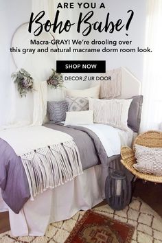 a bed with pillows and blankets on it in front of a window that says are you a boho babe?